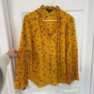 Ralph Lauren Mustard Floral Blouse Tie Front Curtain Long Sleeve Women's Large